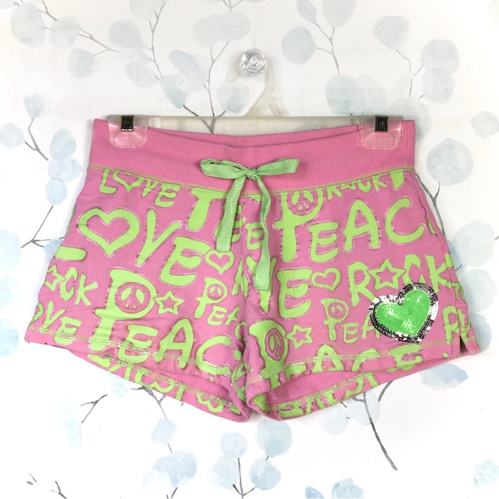 Limited Too Kids Pink Green Shorts Sequin Heart Rock Peace Love Bow Tie